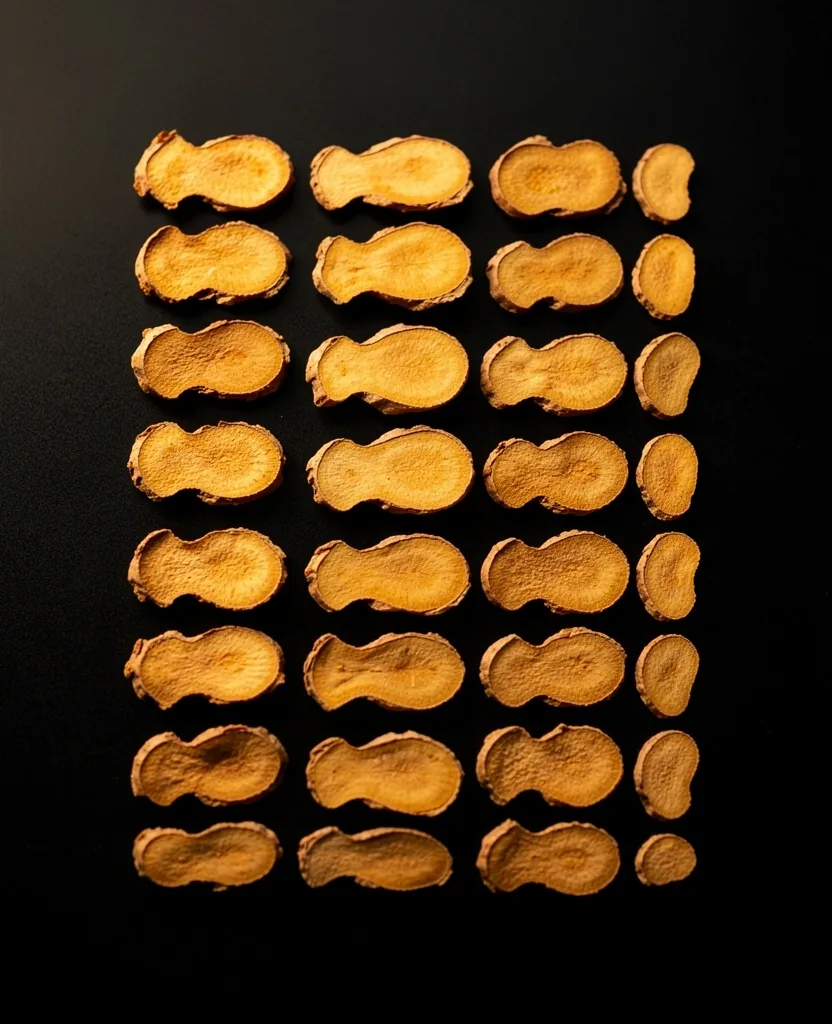 Dried ginger root slices arranged on a dark surface