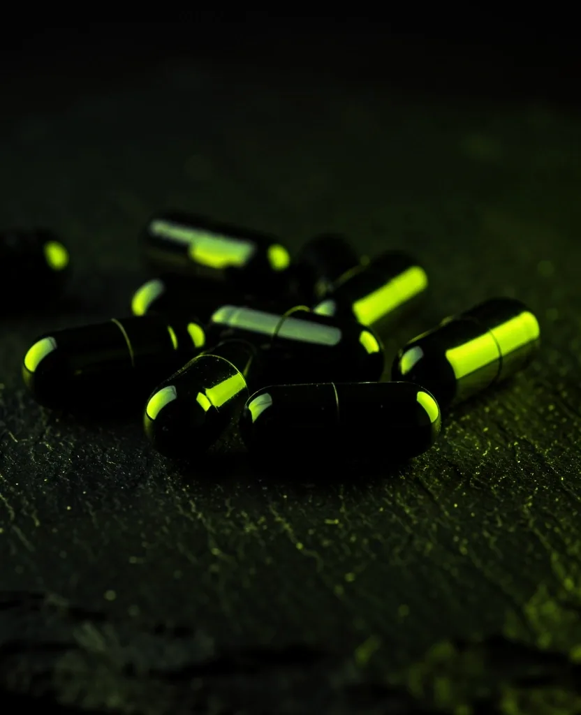 Dark supplement capsules on a matte surface