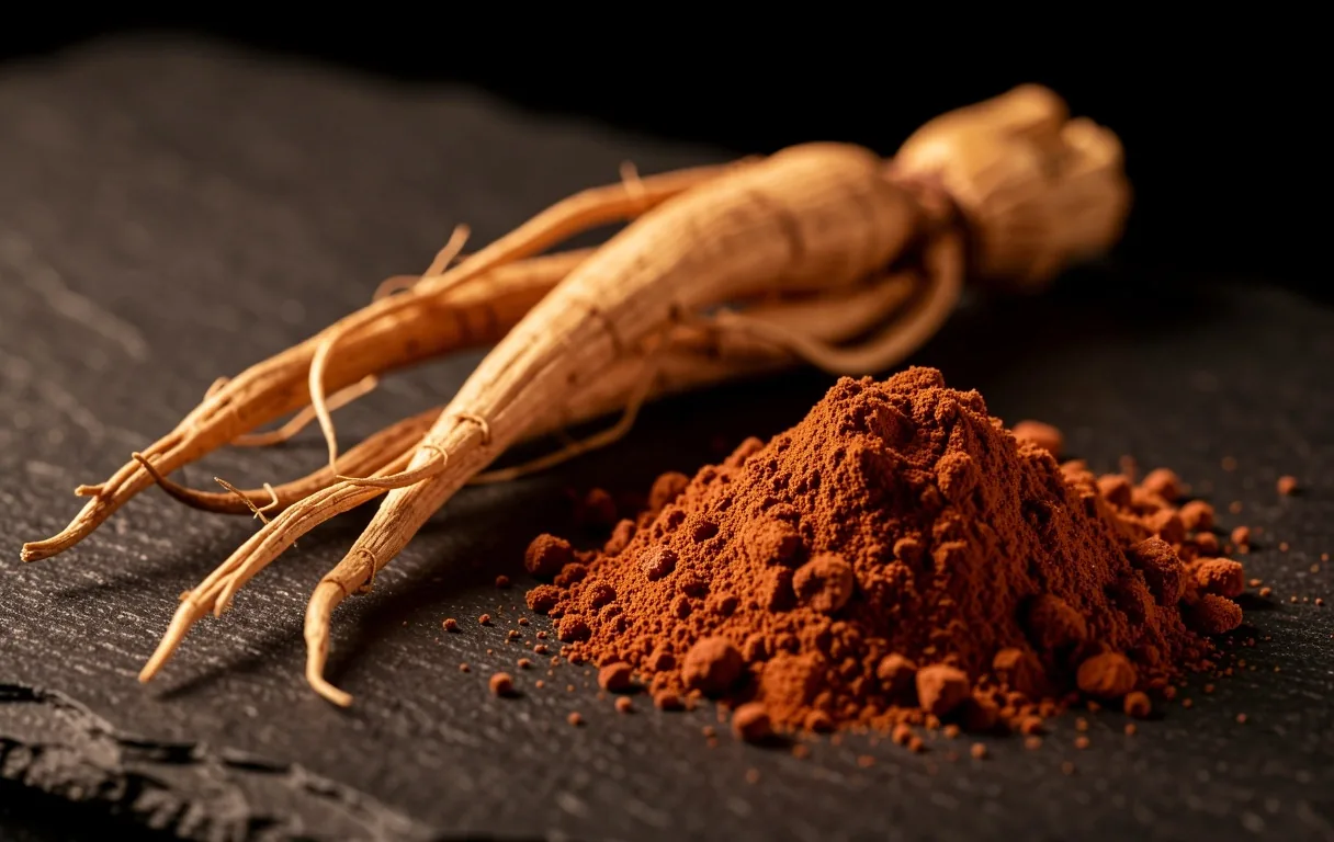 Dried ginseng root and maca powder on a dark surface