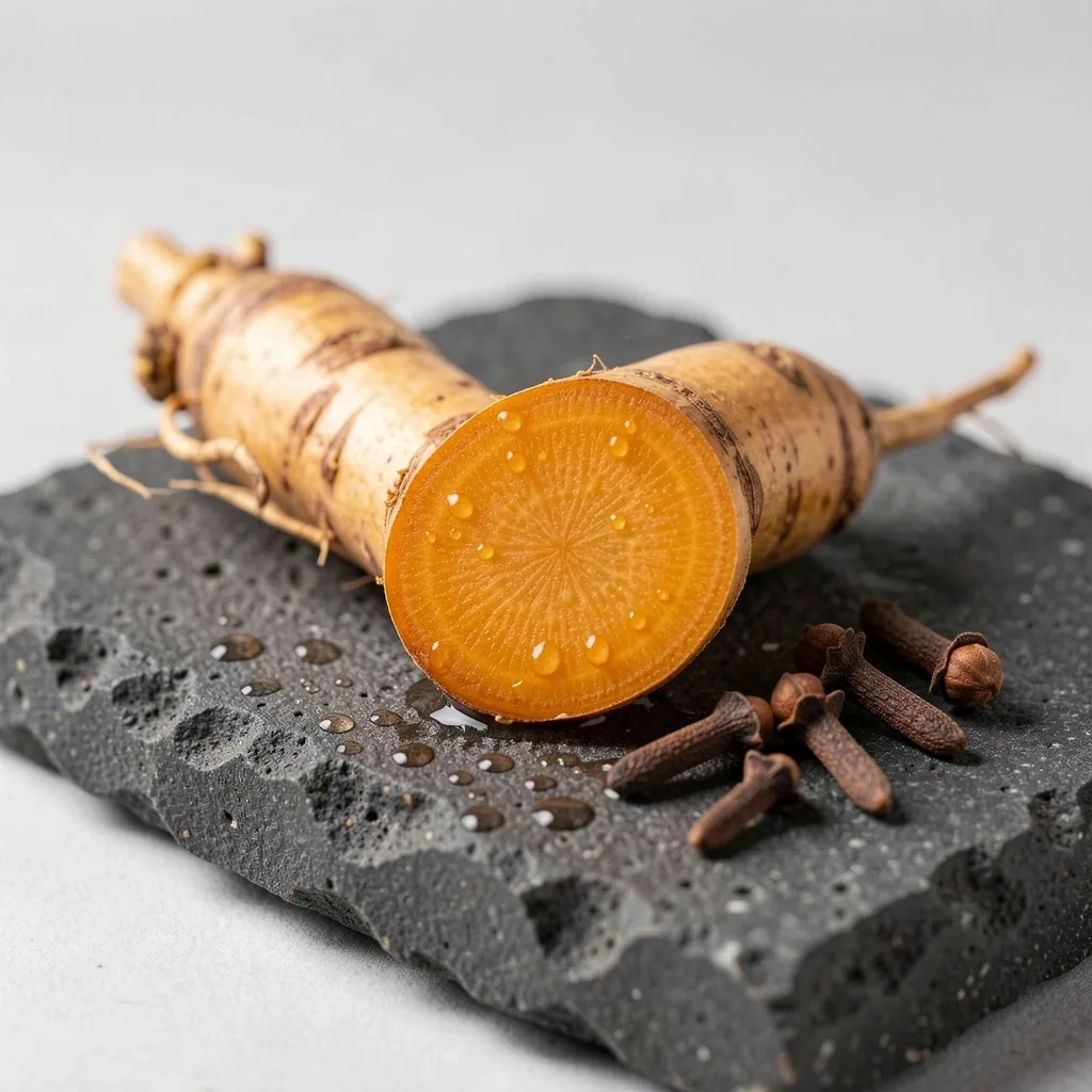 Raw Indonesian botanical ingredients on a dark surface