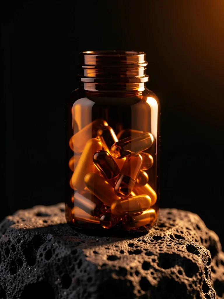 Amber supplement bottle on dark stone