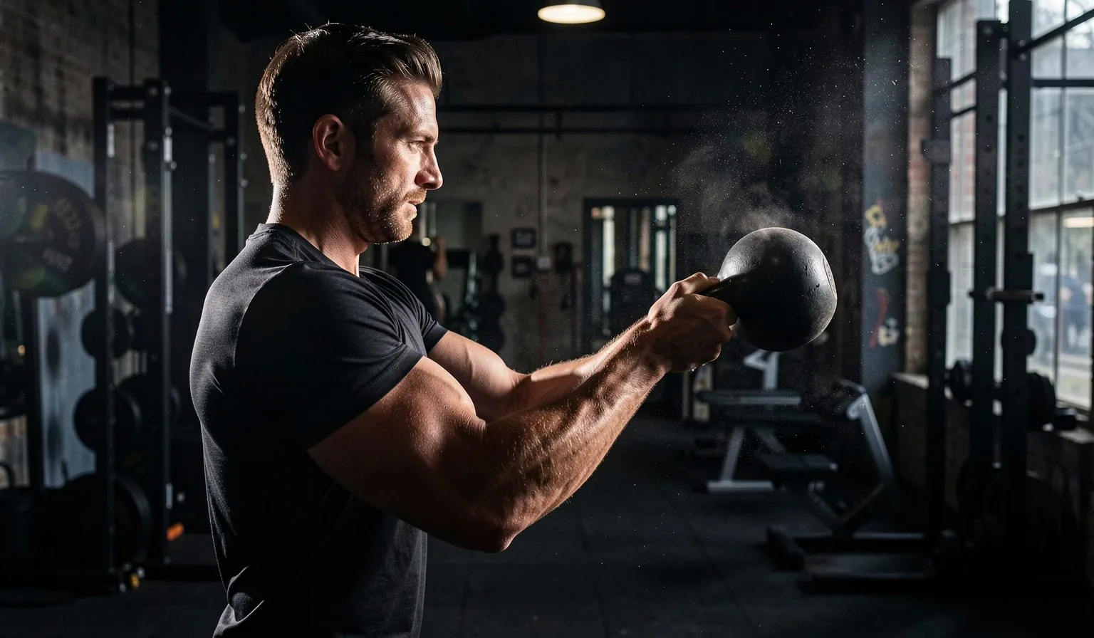 Man performing kettlebell training in low-light gym